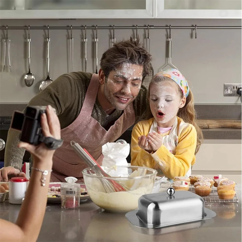 7 Inch Butter Dish Solid Stainless Steel Butter Dish Cheese Container Butter Storage Box Tray with Easy Grip Lid Kitchen Cutlery