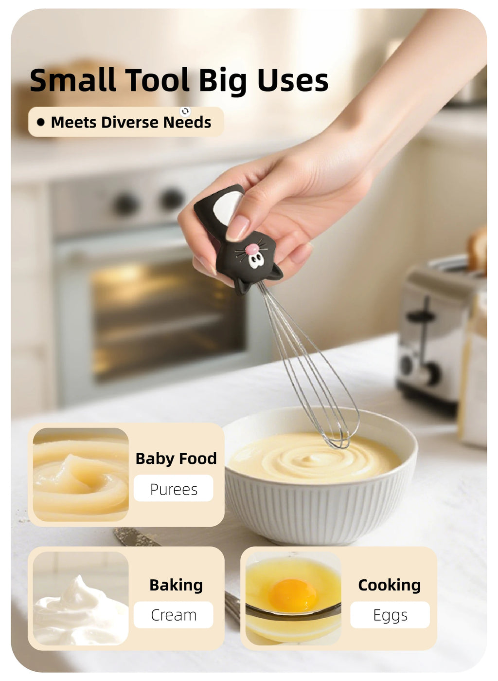 Joie Meow Little Whisk Manual Egg Beater Stainless Steel Egg Whisk Kitchen Wire Balloon Whisk Milk Egg Beater Egg Mixing Tool