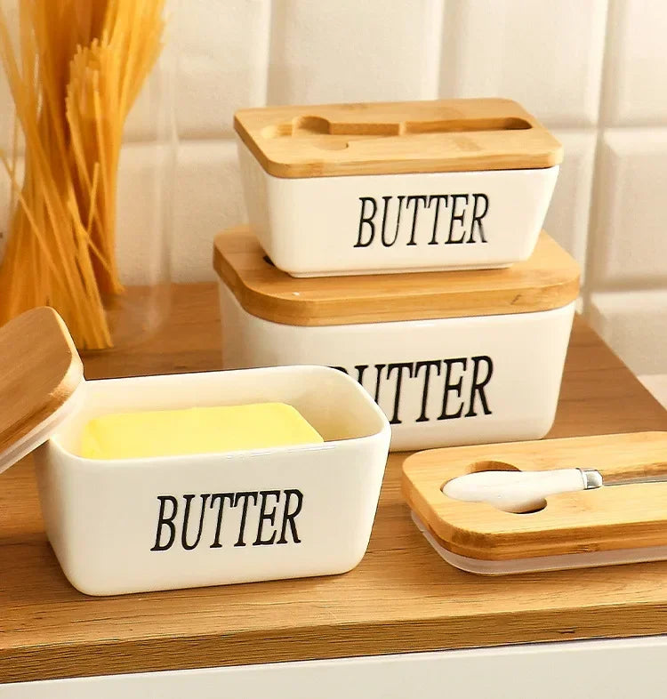 Butter Container Ceramic Box Restaurant Sealed Storage Box Cheese Box with Knife Butter Slicer Butter Dish Tableware