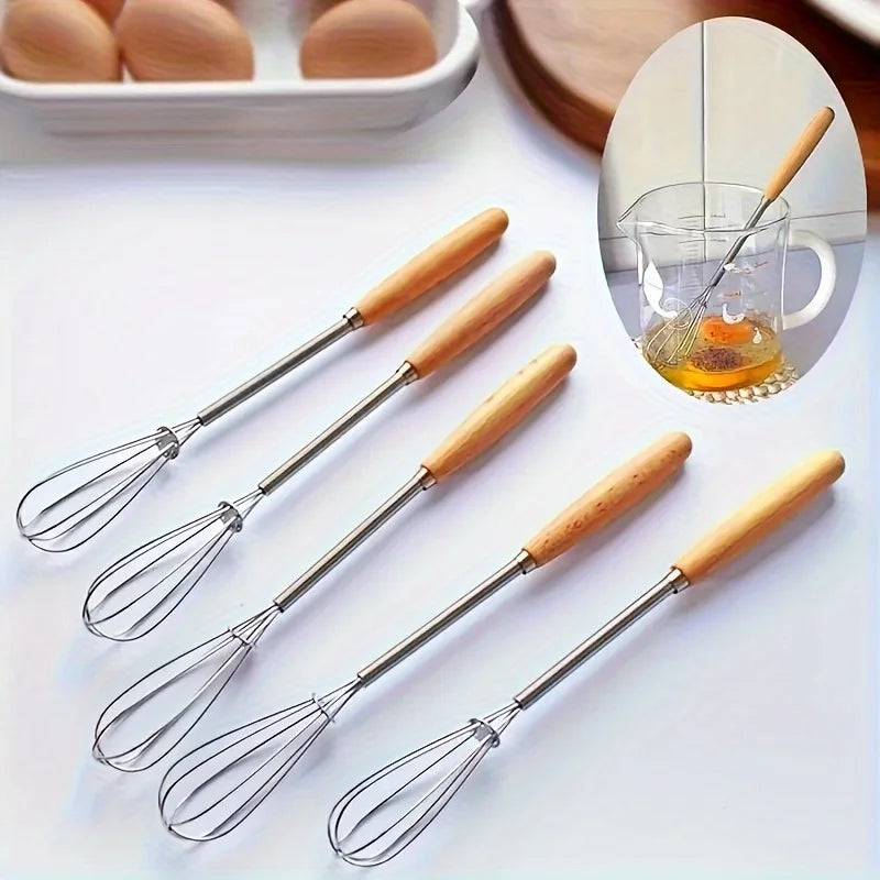 Whisk with Solid Wood Handle Kitchen Mini Stainless Steel Egg Beater Milk Whipper Whisk Wire for Blending Beating