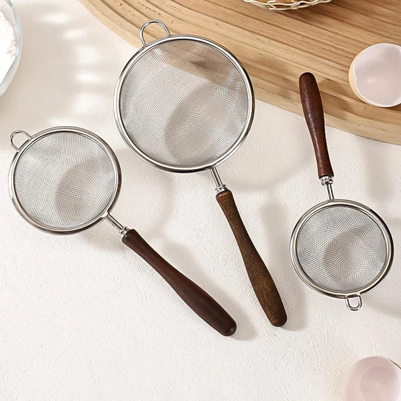 Wooden Handle Stainless Steel Small Colander Fine Mesh Oil Strainer Multi-function Filter Mesh Flour Sifter Kitchen Baking Tools