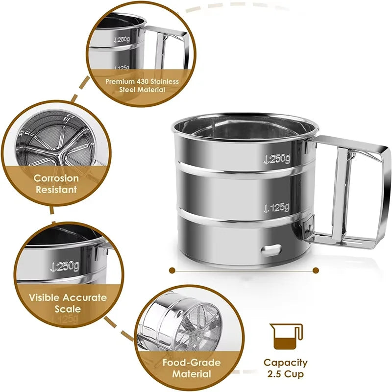 FAIS DU Stainless Steel Flour Sifter Double Layer Fine Mesh Baking Powder Sifter for Baking and Sieving