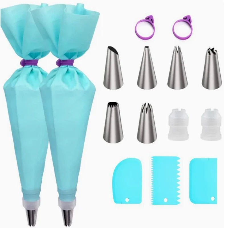 Piping bag set, 15 piece set with 6 piping tips, 2 reusable pastry bags, 3 cake scrapers, 2 couplers and 2 frosting bag ties
