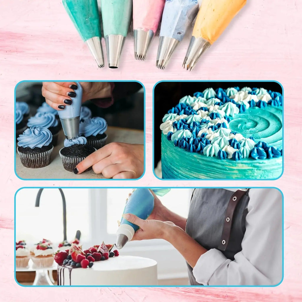 Piping bag set, 15 piece set with 6 piping tips, 2 reusable pastry bags, 3 cake scrapers, 2 couplers and 2 frosting bag ties