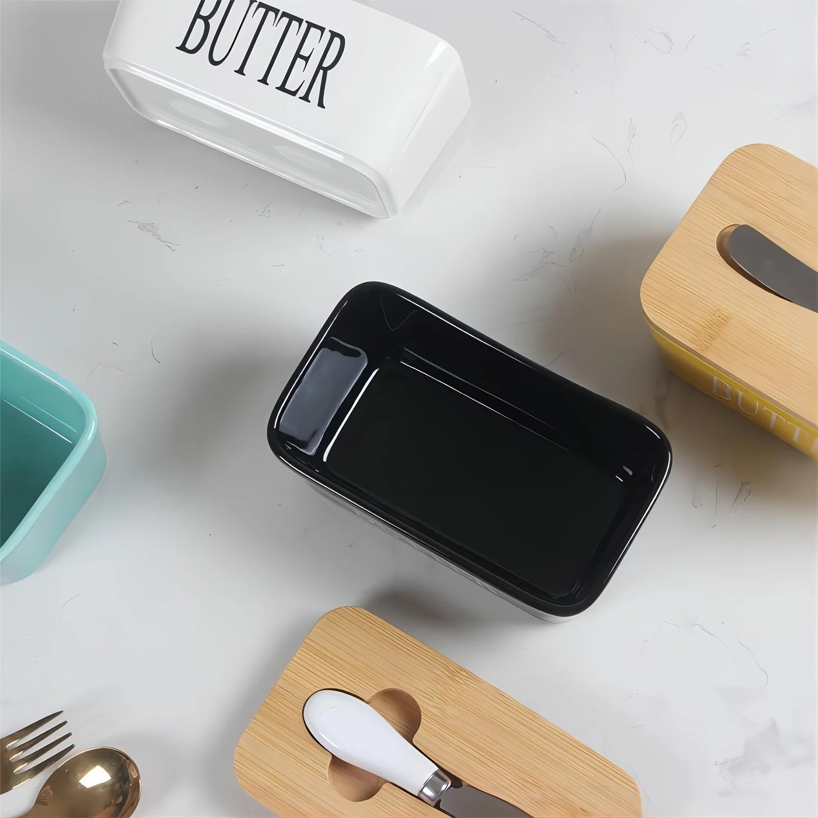 Ceramic Butter Boxes Dishes Cans Cheese Trays Vertical Containers Kitchen Food Storage Containers with Round Wooden Covers