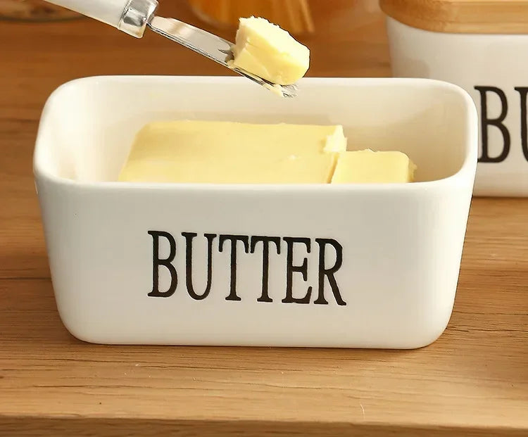 Butter Container Ceramic Box Restaurant Sealed Storage Box Cheese Box with Knife Butter Slicer Butter Dish Tableware