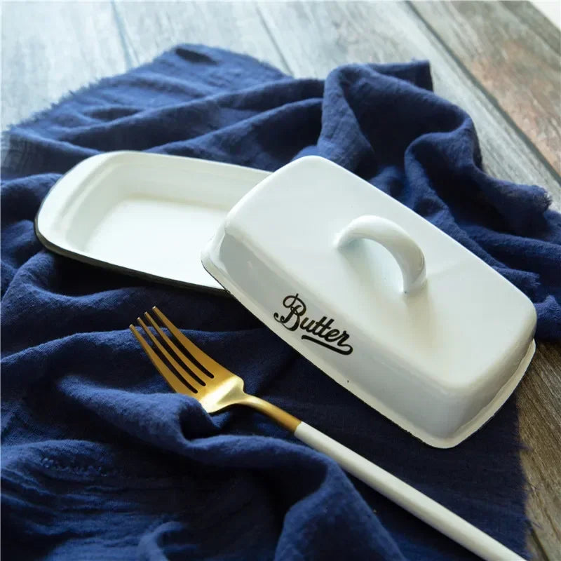 Retro Nostalgic Enamel Butter Box with Lid Snack Tray Home Kitchen Tableware Cheese Storage Box Butter Dish Cheese Plate