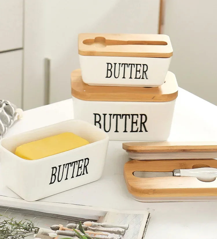 Butter Container Ceramic Box Restaurant Sealed Storage Box Cheese Box with Knife Butter Slicer Butter Dish Tableware