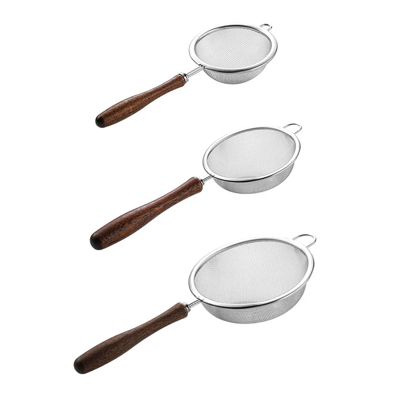 Wooden Handle Stainless Steel Small Colander Fine Mesh Oil Strainer Multi-function Filter Mesh Flour Sifter Kitchen Baking Tools