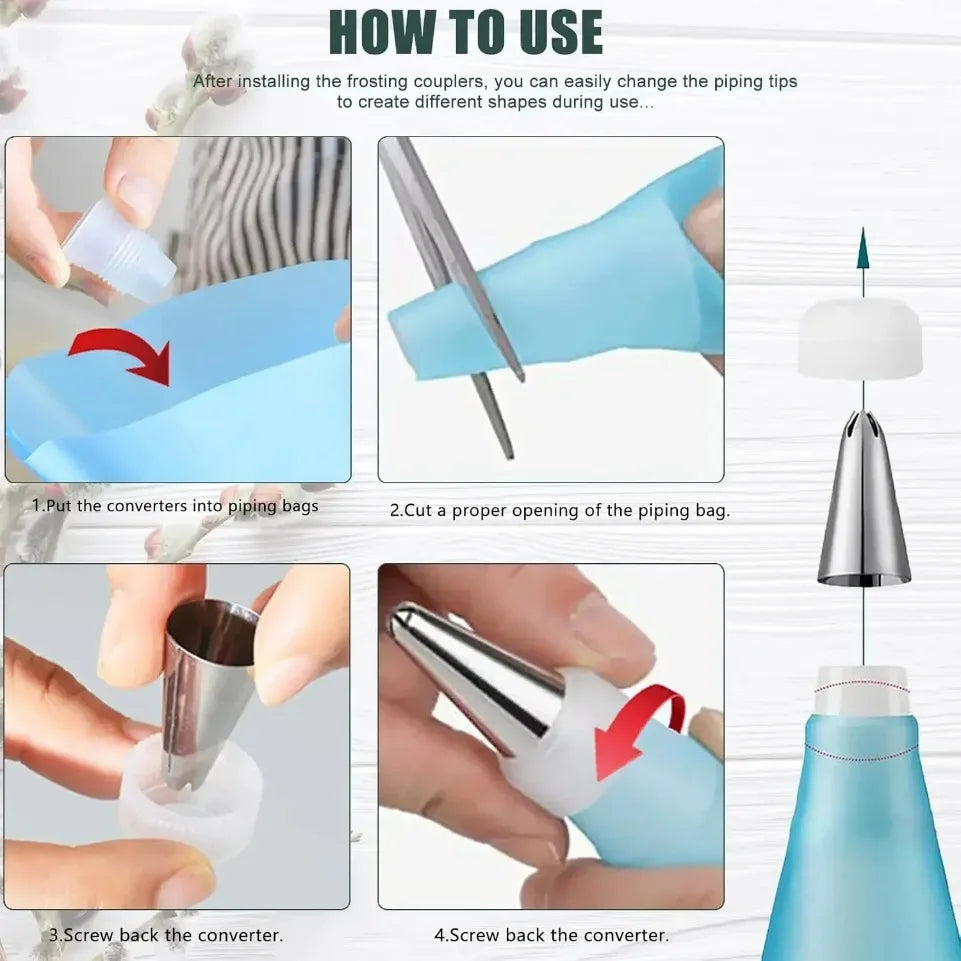 Reusable Silicone Pastry Piping Bags with 12 Stainless Tips Cake Decorating Kit Baking Tools Set Leakproof Frosting Nozzles