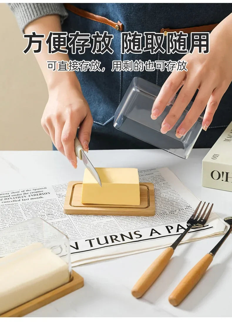 Nordic Countertop Bamboo Butter Dish Plate with Transparent Acrylic Lid Kitchen Storage Butter Container Box Butter Tableware