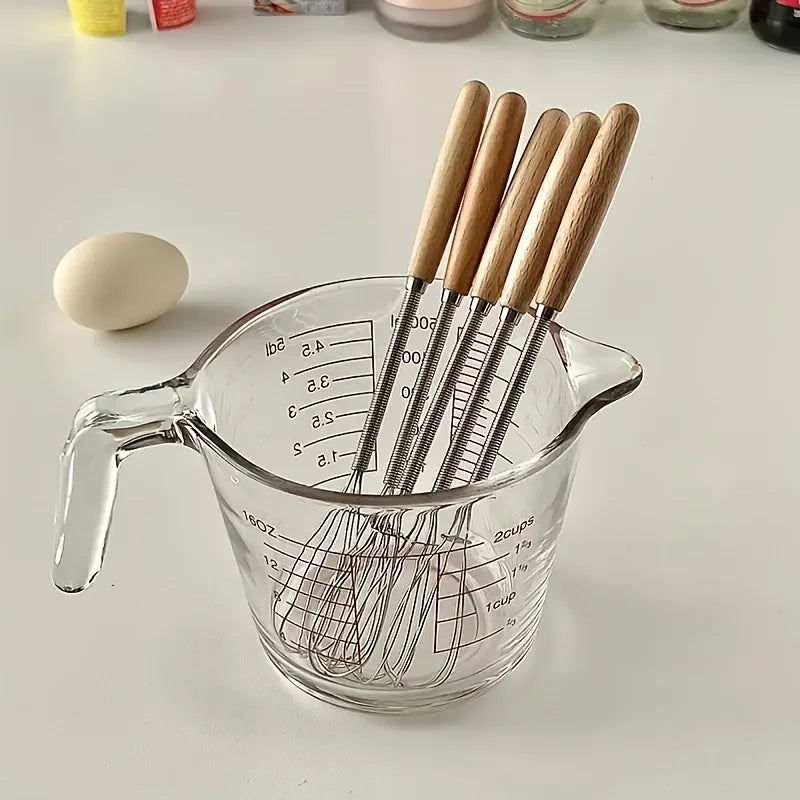 Whisk with Solid Wood Handle Kitchen Mini Stainless Steel Egg Beater Milk Whipper Whisk Wire for Blending Beating