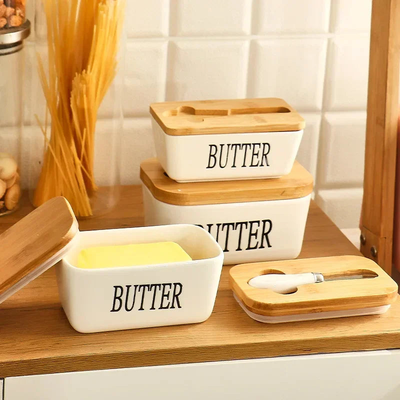 Butter Container Ceramic Box Restaurant Sealed Storage Box Cheese Box with Knife Butter Slicer Butter Dish Tableware