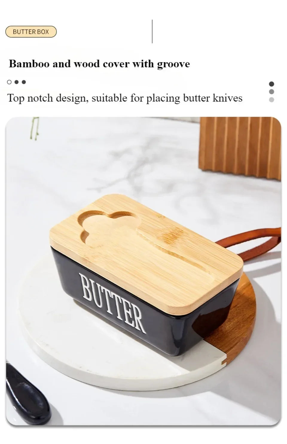 1pc Ceramic Butter Cheese Container Box Household Kitchen Restaurant Butter Storage Box with Knife Bamboo Wood Lid Butter Box
