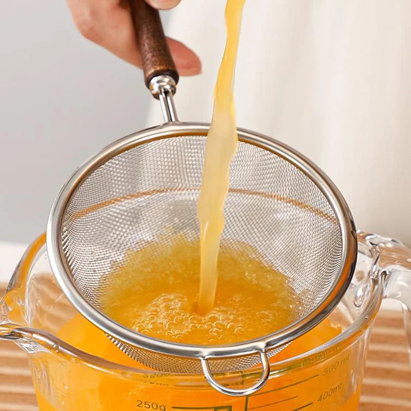 Wooden Handle Stainless Steel Small Colander Fine Mesh Oil Strainer Multi-function Filter Mesh Flour Sifter Kitchen Baking Tools