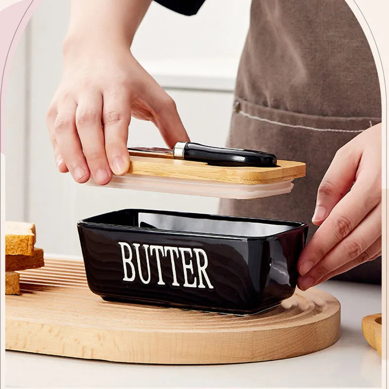 1set ceramic butter box, rectangular cheese butter sealed box, household kitchen food storage box, gift
