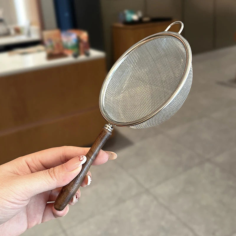 Wooden Handle Stainless Steel Small Colander Fine Mesh Oil Strainer Multi-function Filter Mesh Flour Sifter Kitchen Baking Tools