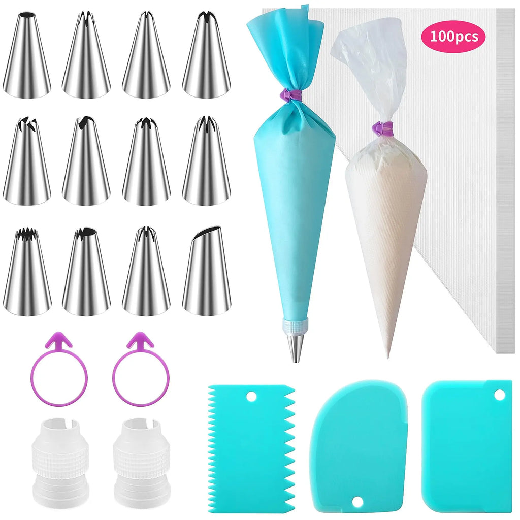 Piping Bags and Tips Set, Pastry Bags, Icing Bags Disposable for Cakes Decorating Kit Supplies Couplers Scraper Baking Supplies