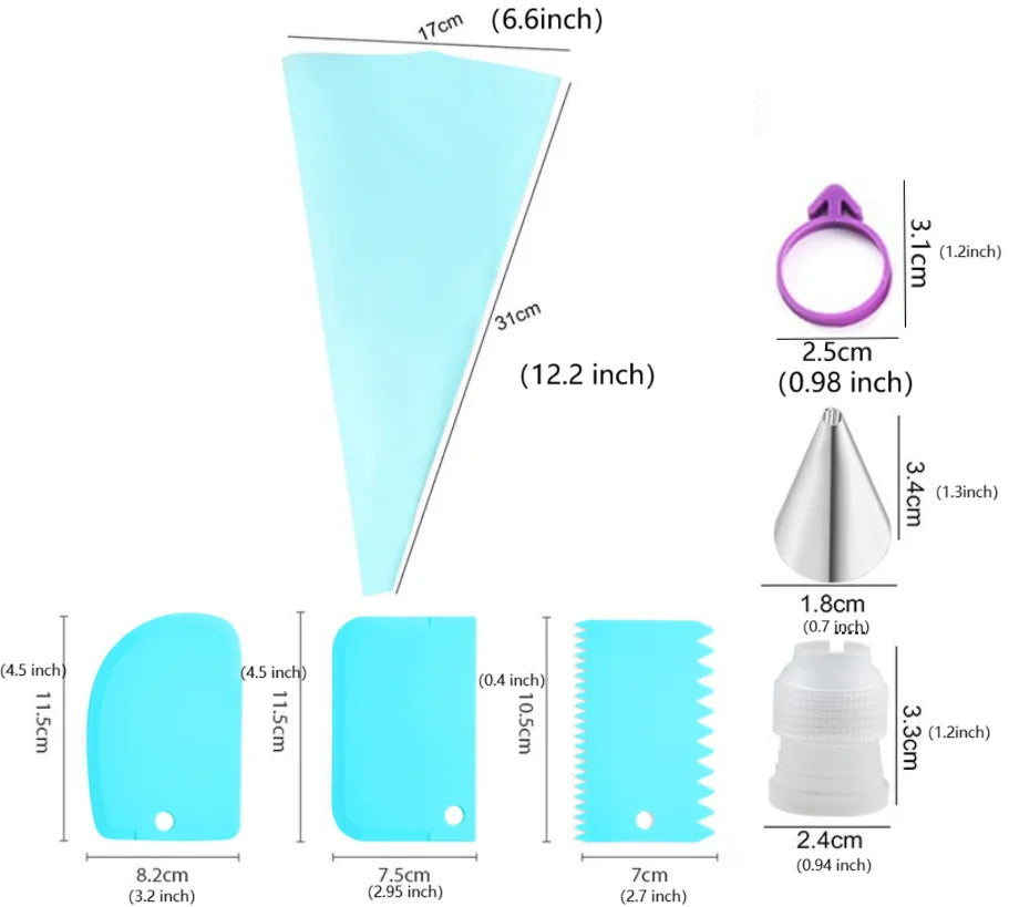 Piping bag set, 15 piece set with 6 piping tips, 2 reusable pastry bags, 3 cake scrapers, 2 couplers and 2 frosting bag ties