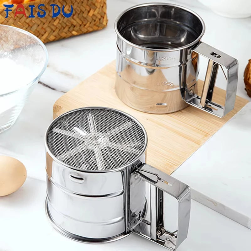 FAIS DU Stainless Steel Flour Sifter Double Layer Fine Mesh Baking Powder Sifter for Baking and Sieving