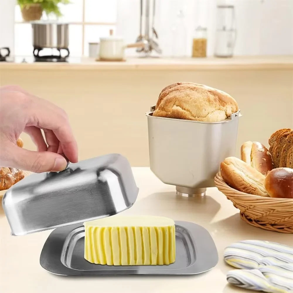7 Inch Butter Dish Solid Stainless Steel Butter Dish Cheese Container Butter Storage Box Tray with Easy Grip Lid Kitchen Cutlery
