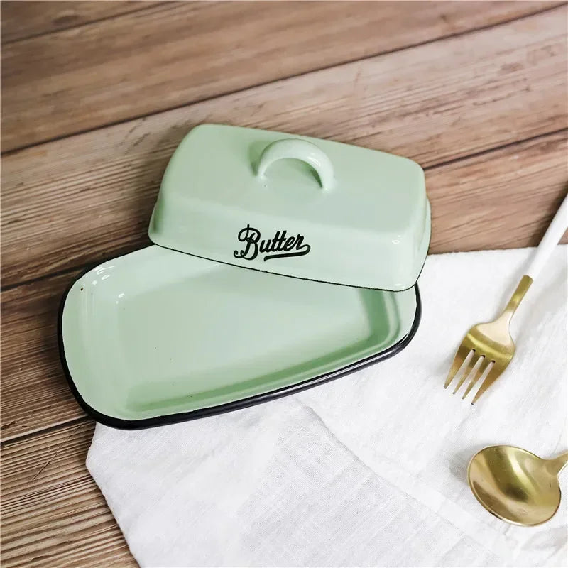 Retro Nostalgic Enamel Butter Box with Lid Snack Tray Home Kitchen Tableware Cheese Storage Box Butter Dish Cheese Plate