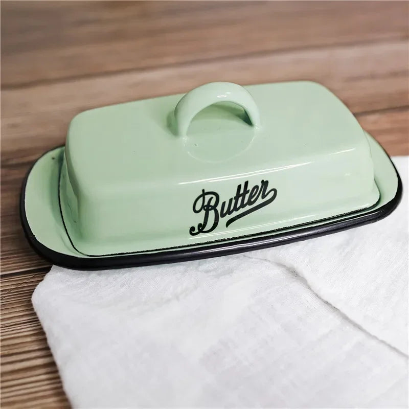 Retro Nostalgic Enamel Butter Box with Lid Snack Tray Home Kitchen Tableware Cheese Storage Box Butter Dish Cheese Plate
