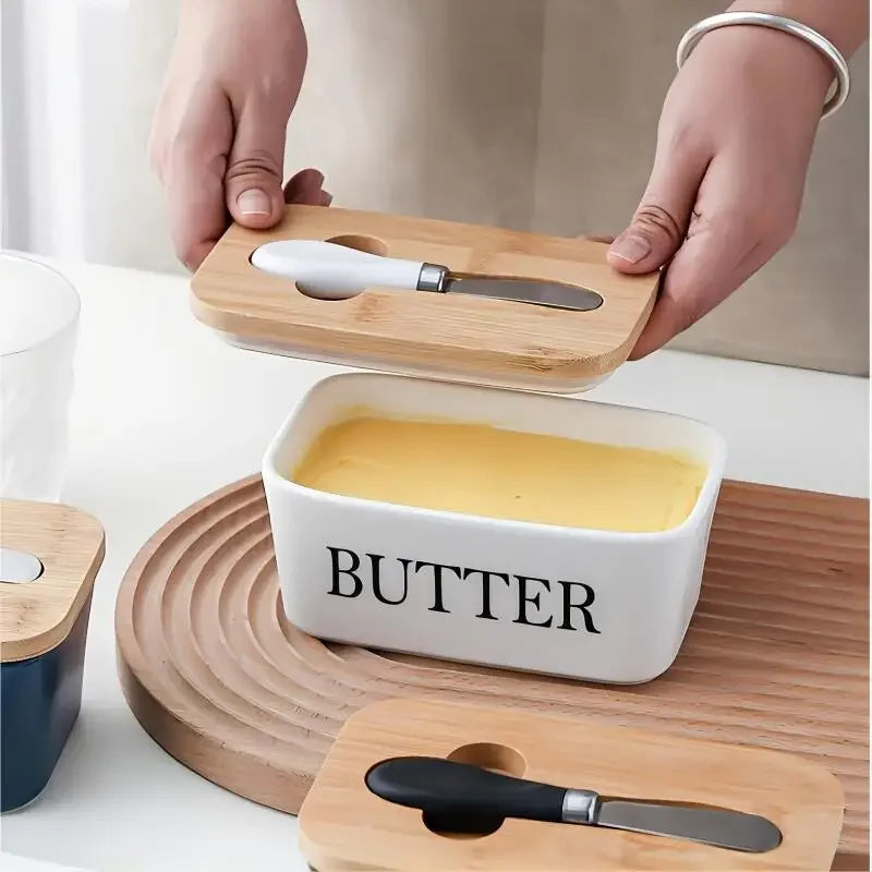 Ceramic Butter Boxes Dishes Cans Cheese Trays Vertical Containers Kitchen Food Storage Containers with Round Wooden Covers