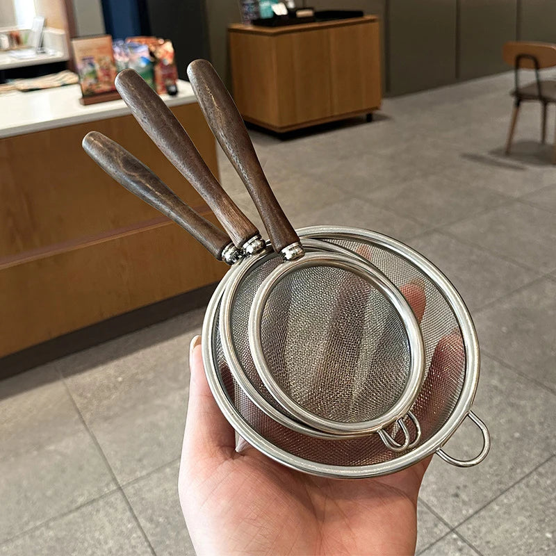 Wooden Handle Stainless Steel Small Colander Fine Mesh Oil Strainer Multi-function Filter Mesh Flour Sifter Kitchen Baking Tools
