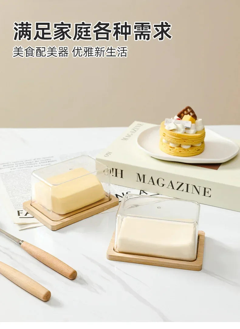 Nordic Countertop Bamboo Butter Dish Plate with Transparent Acrylic Lid Kitchen Storage Butter Container Box Butter Tableware