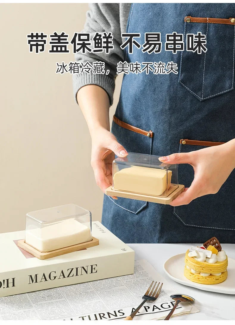 Nordic Countertop Bamboo Butter Dish Plate with Transparent Acrylic Lid Kitchen Storage Butter Container Box Butter Tableware