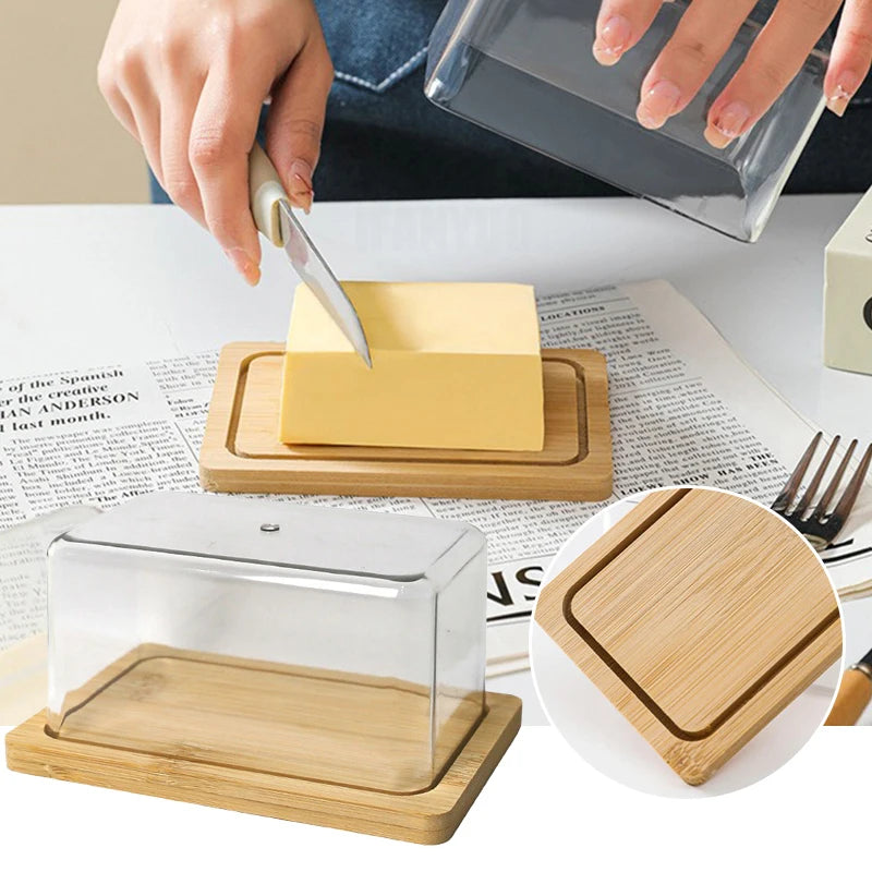 Nordic Countertop Bamboo Butter Dish Plate with Transparent Acrylic Lid Kitchen Storage Butter Container Box Butter Tableware