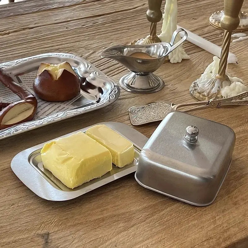 Stainless Steel Butter Tray,Retro French Butter Box Storage Box with Lid Butter Tray, Tableware Dessert Tray,Kitchen Tableware