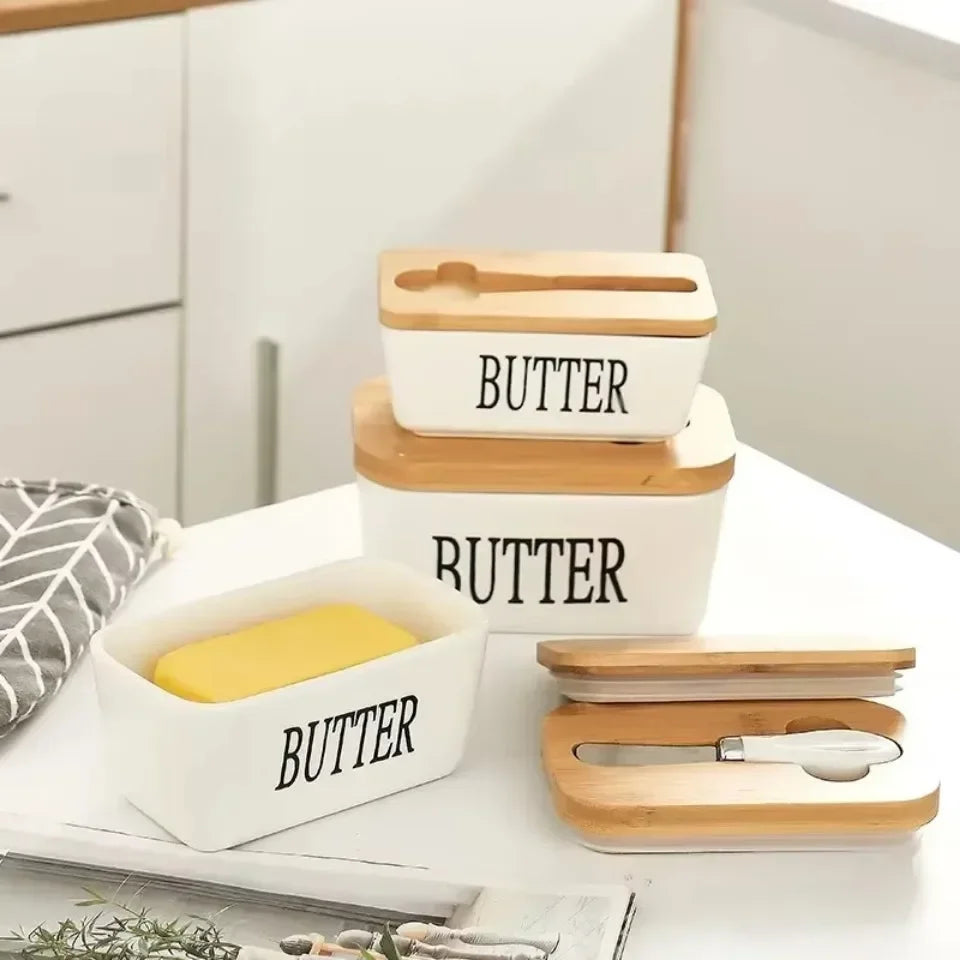 1pc Ceramic Butter Cheese Container Box Household Kitchen Restaurant Butter Storage Box with Knife Bamboo Wood Lid Butter Box