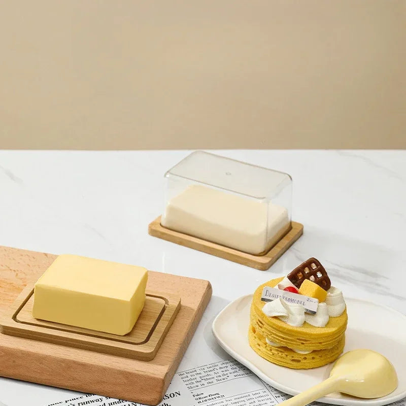 Nordic Countertop Bamboo Butter Dish Plate with Transparent Acrylic Lid Kitchen Storage Butter Container Box Butter Tableware