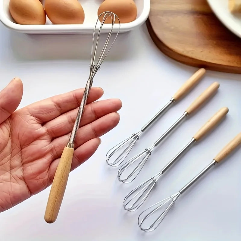 Whisk with Solid Wood Handle Kitchen Mini Stainless Steel Egg Beater Milk Whipper Whisk Wire for Blending Beating