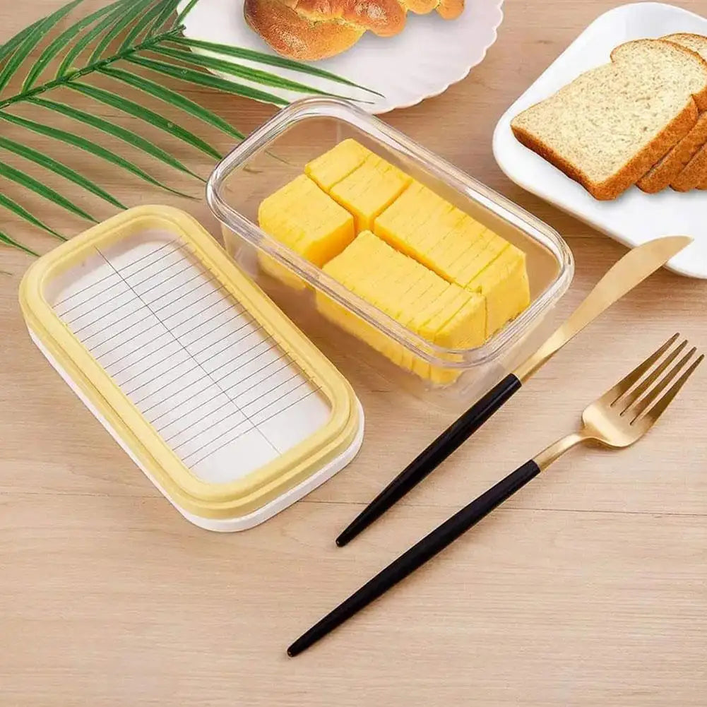 Butter Box With Lid Butter Tray with Clear Lid and Cutter Box Kitchen Knife Cheese Cutter Airtight Rectangular Butter Storage