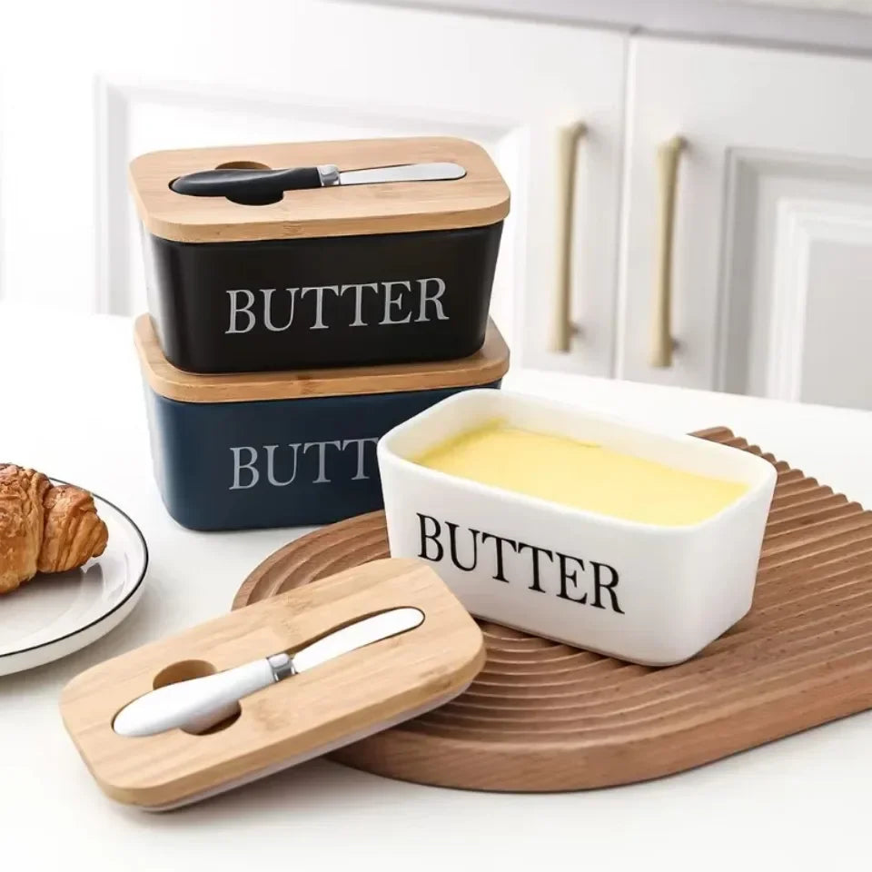 1pc Ceramic Butter Cheese Container Box Household Kitchen Restaurant Butter Storage Box with Knife Bamboo Wood Lid Butter Box