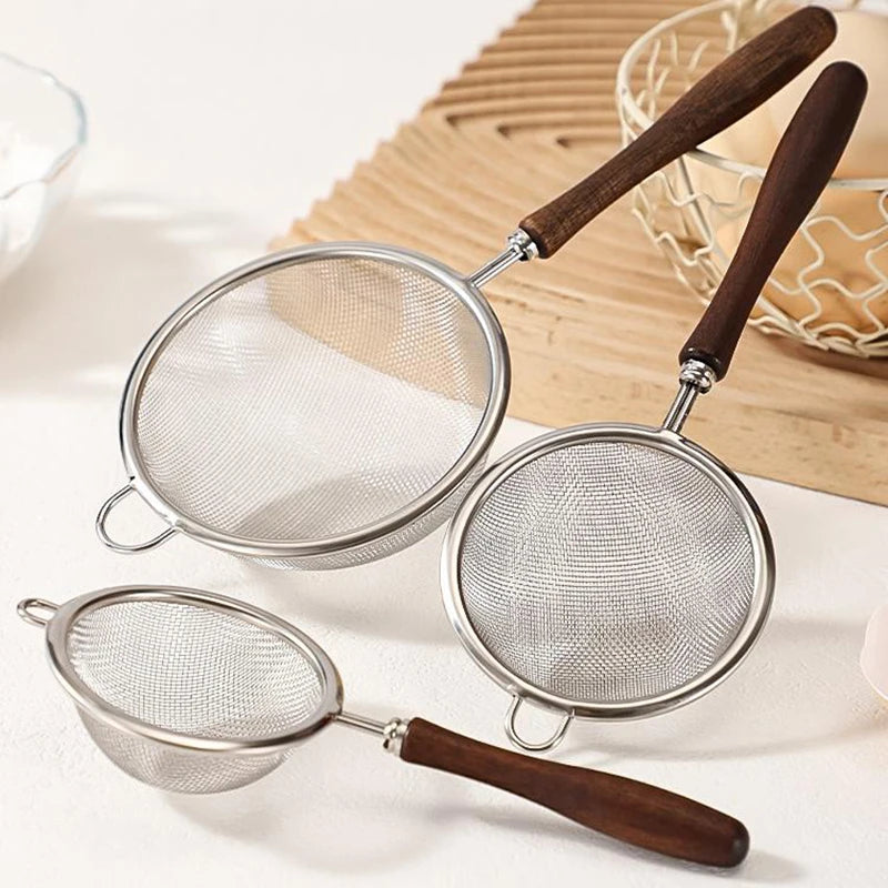 Wooden Handle Stainless Steel Small Colander Fine Mesh Oil Strainer Multi-function Filter Mesh Flour Sifter Kitchen Baking Tools
