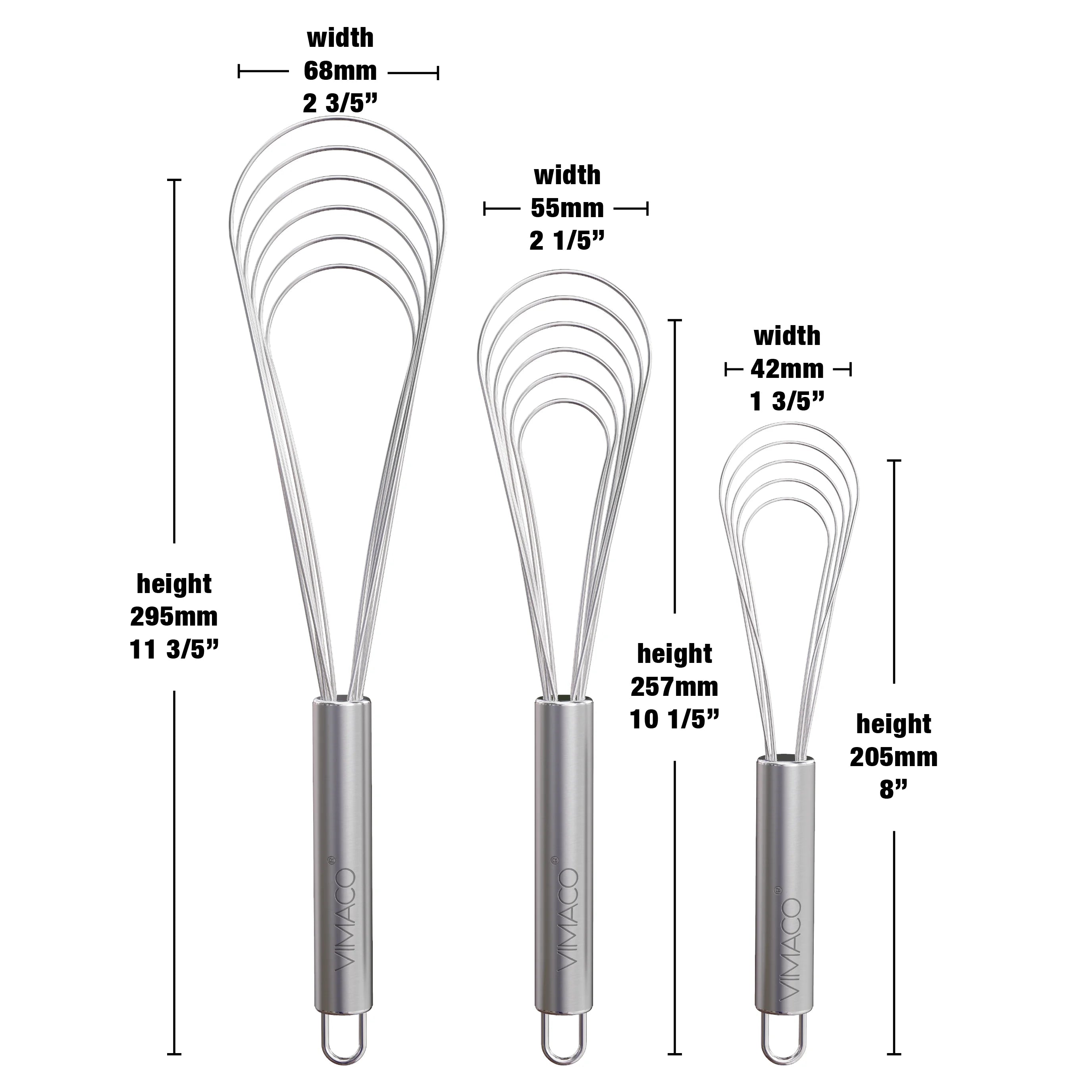 VIMACO® Flat Whisk Stainless Steel 8"10"12" Egg Utensils for Kitchen Baking Prepworks