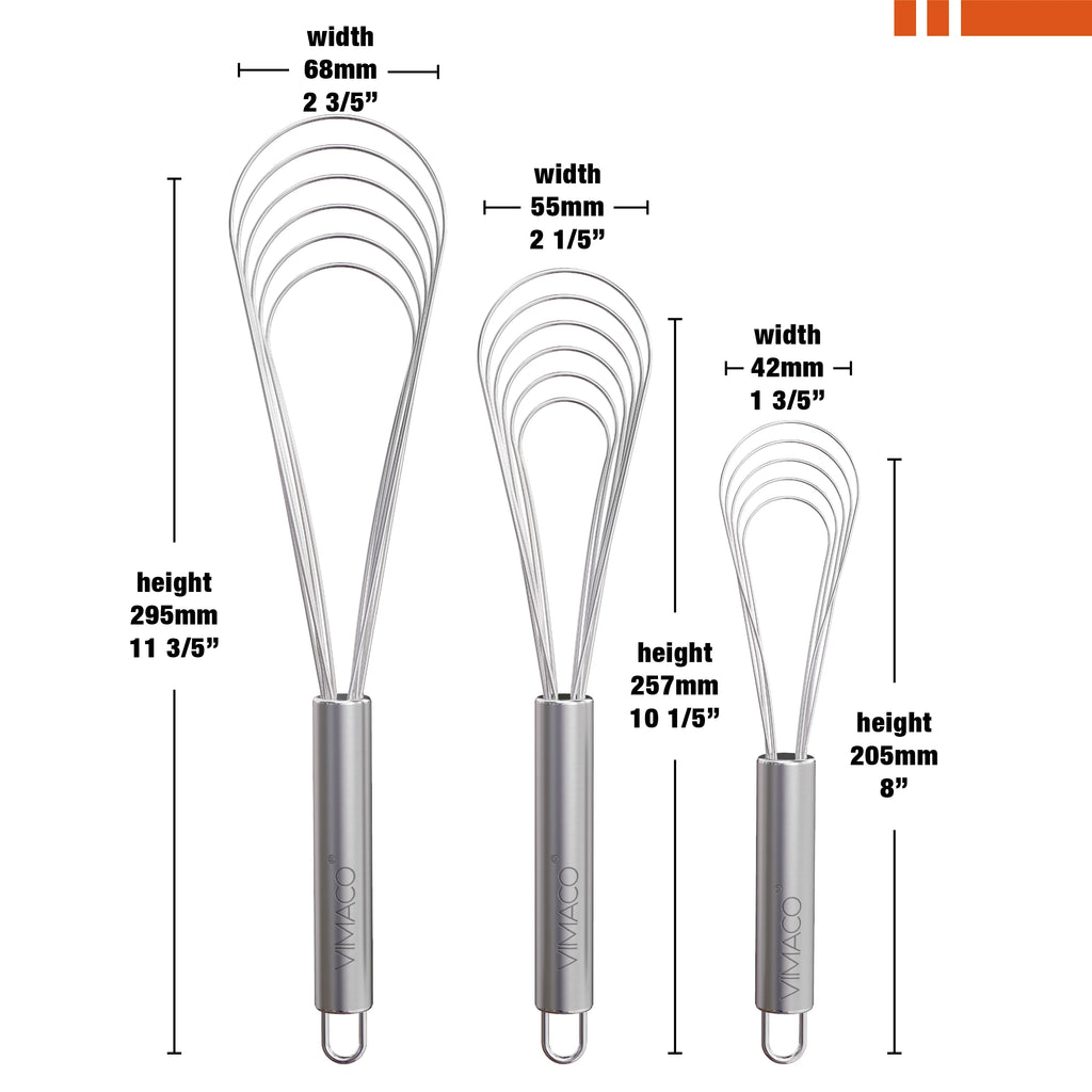 VIMACO® Flat Whisk Stainless Steel 8"10"12" Egg Utensils for Kitchen Baking Prepworks