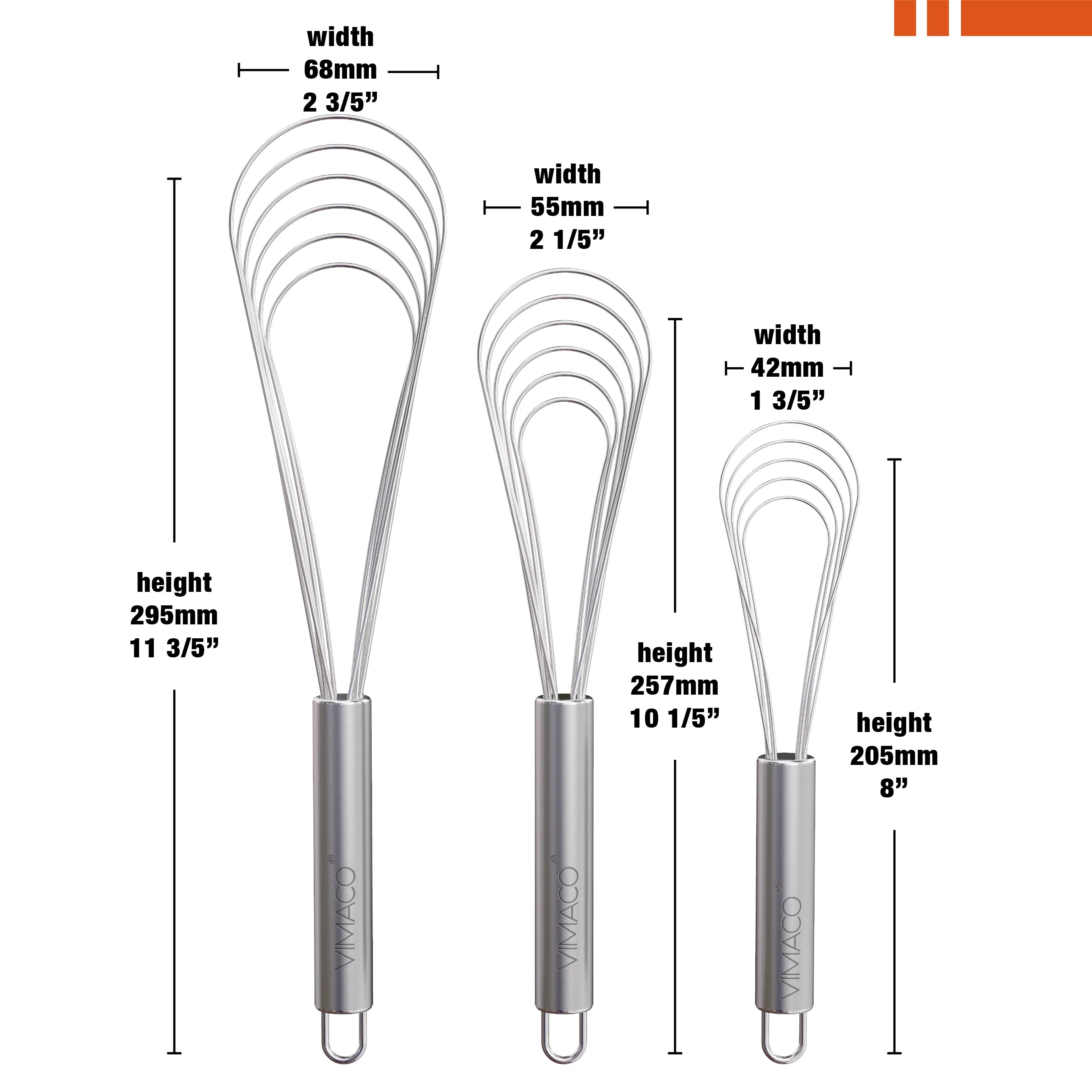 VIMACO® Flat Whisk Stainless Steel 8"10"12" Egg Utensils for Kitchen Baking Prepworks