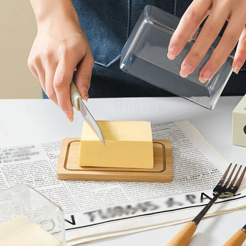 Nordic Countertop Bamboo Butter Dish Plate with Transparent Acrylic Lid Kitchen Storage Butter Container Box Butter Tableware