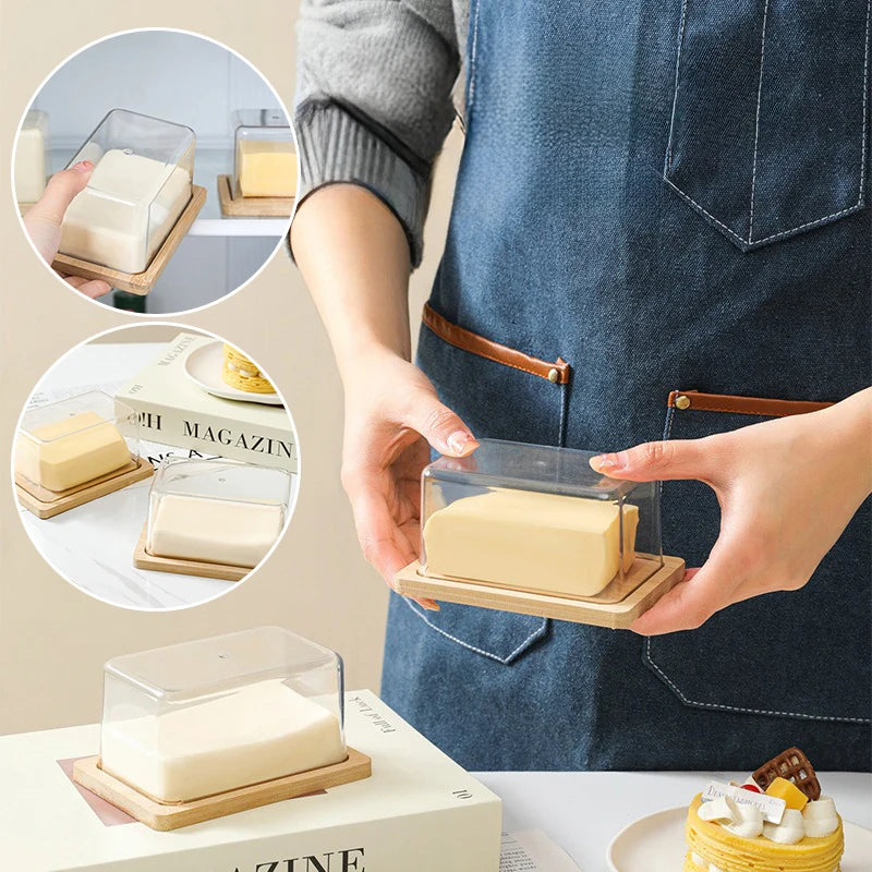 Nordic Countertop Bamboo Butter Dish Plate with Transparent Acrylic Lid Kitchen Storage Butter Container Box Butter Tableware