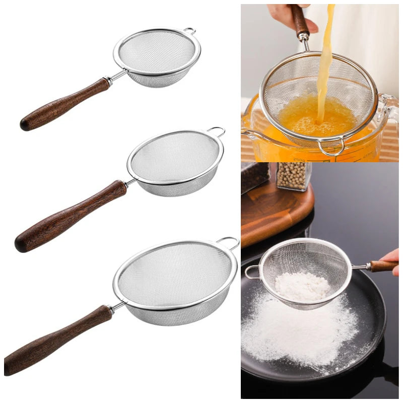 Wooden Handle Stainless Steel Small Colander Fine Mesh Oil Strainer Multi-function Filter Mesh Flour Sifter Kitchen Baking Tools