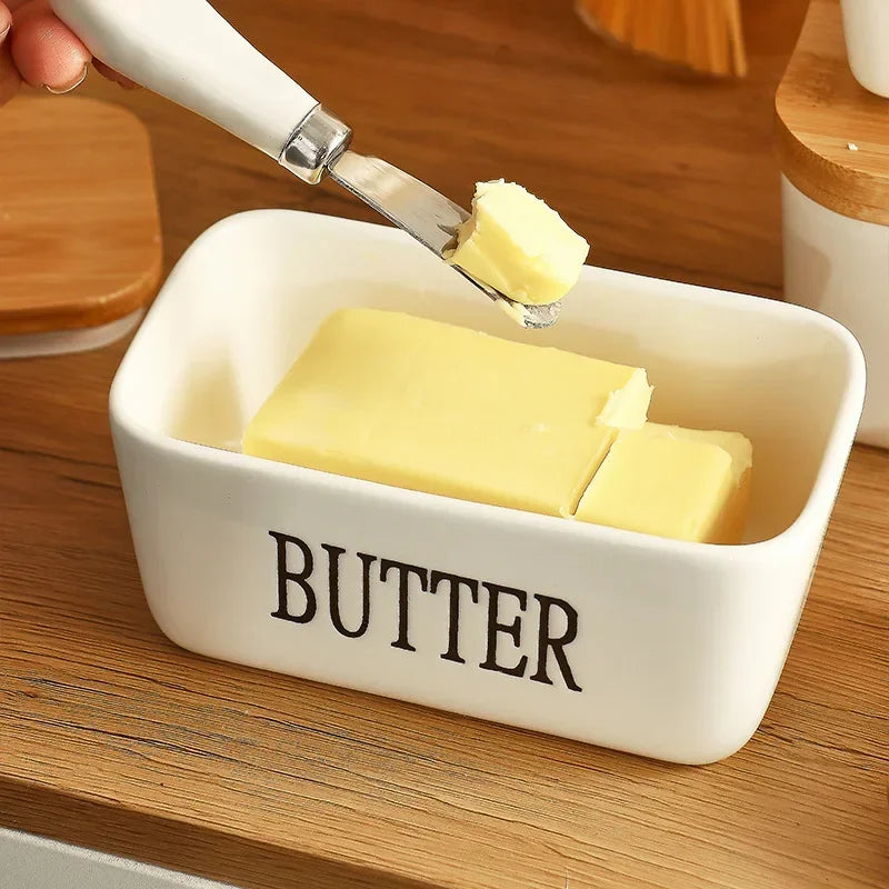 Butter Container Ceramic Box Restaurant Sealed Storage Box Cheese Box with Knife Butter Slicer Butter Dish Tableware
