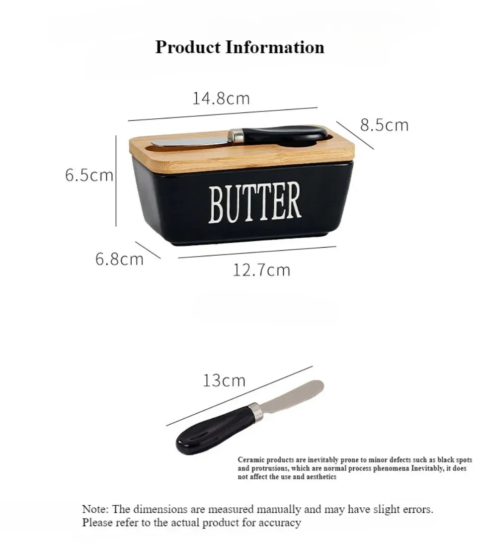 1pc Ceramic Butter Cheese Container Box Household Kitchen Restaurant Butter Storage Box with Knife Bamboo Wood Lid Butter Box