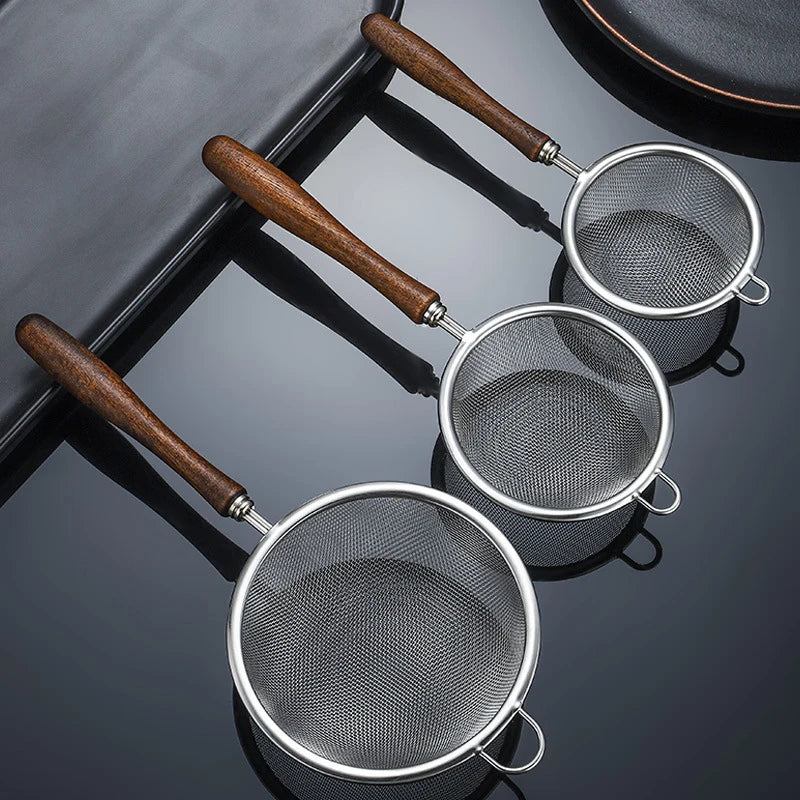 Wooden Handle Stainless Steel Small Colander Fine Mesh Oil Strainer Multi-function Filter Mesh Flour Sifter Kitchen Baking Tools