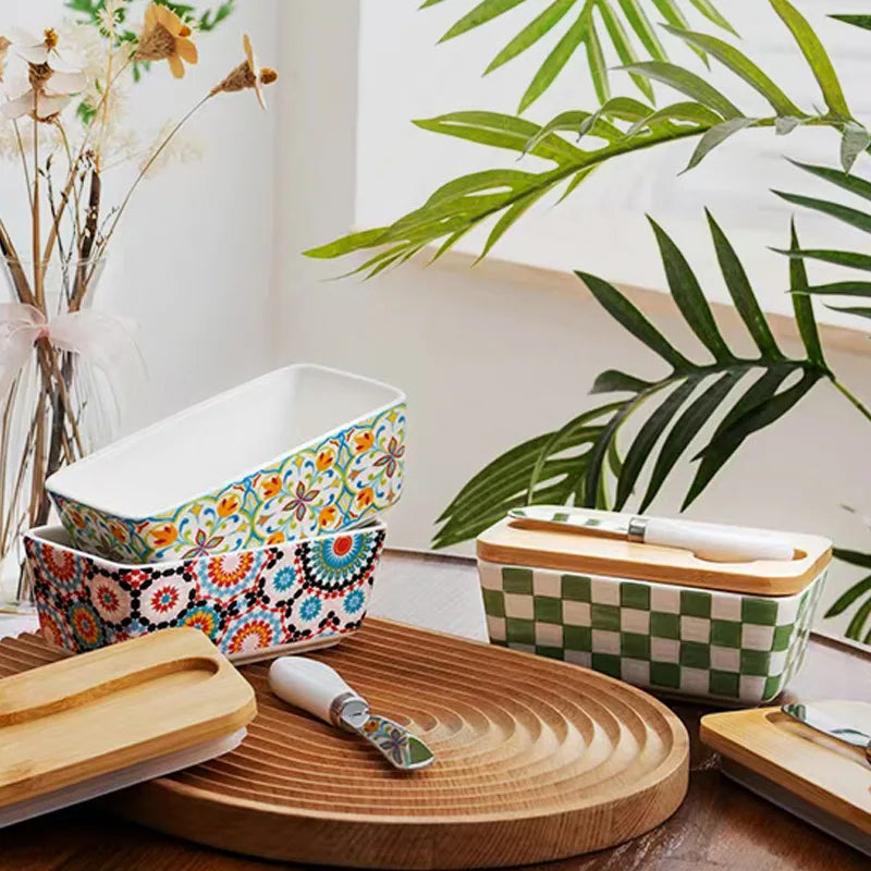1set of country-style ceramic butter box, retro home kitchen cheese butter refrigerated box, butter dish, gift