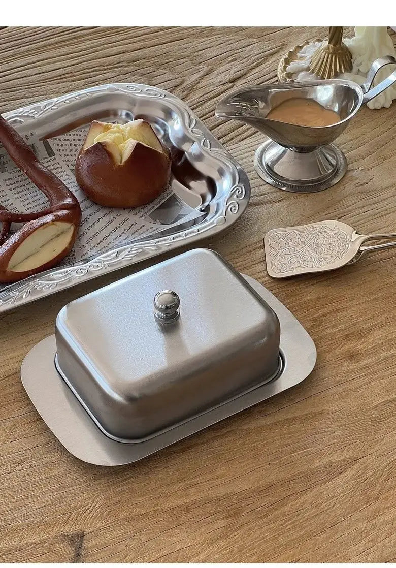 Stainless Steel Butter Tray,Retro French Butter Box Storage Box with Lid Butter Tray, Tableware Dessert Tray,Kitchen Tableware